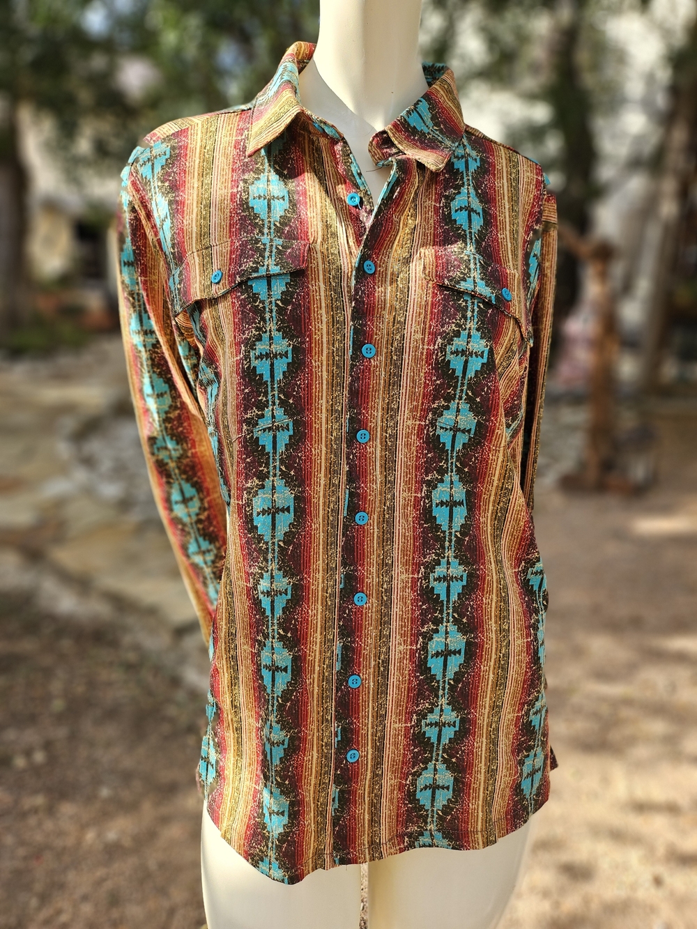 Cowgirl Tuff Co Western Tribal Santa Fe Pattern Stretch Votton Pearl Snap Shirt